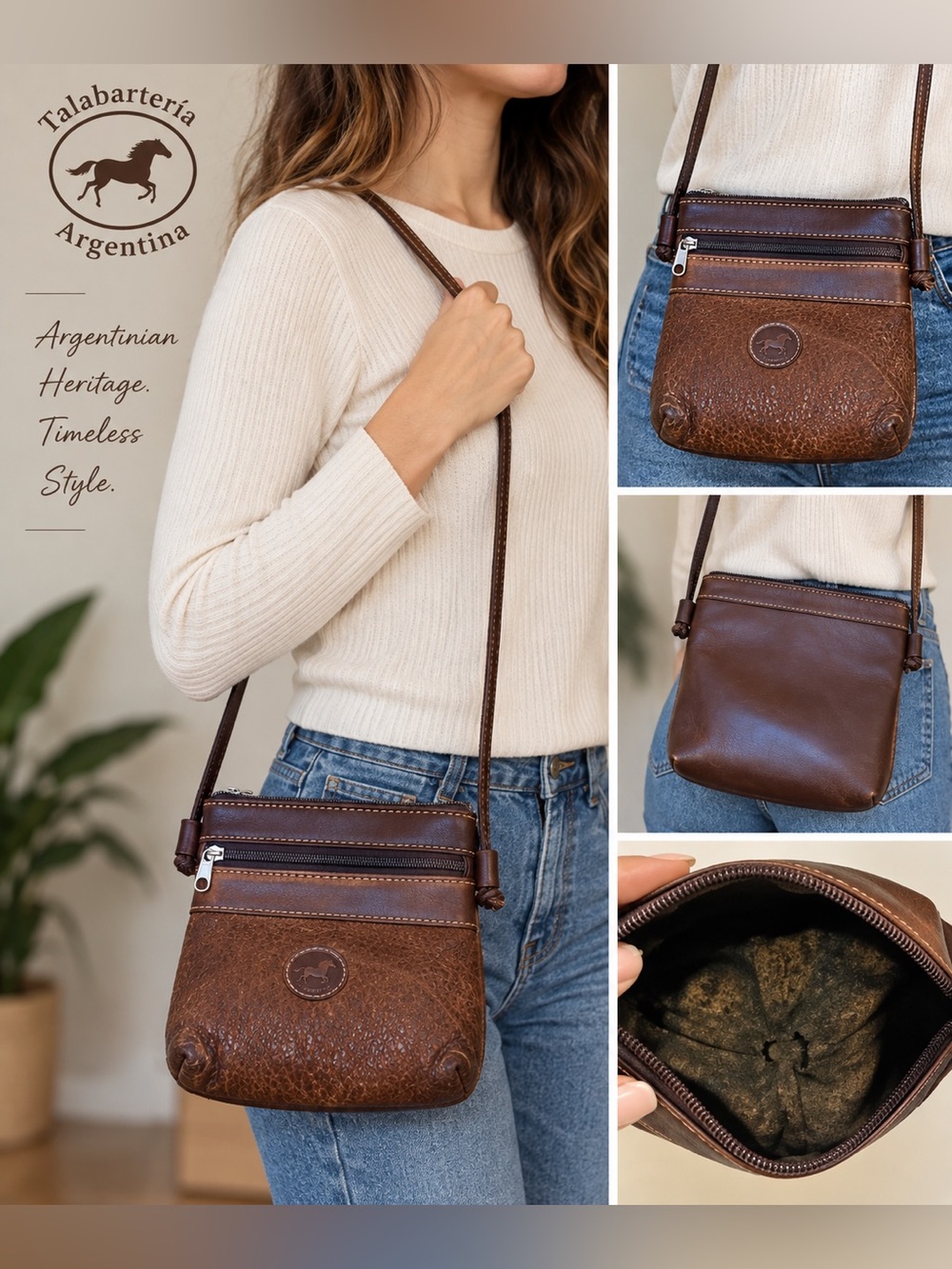 Vintage Talabartería Argentina Brown Leather Crossbody Bag Horse Equestrian Boho